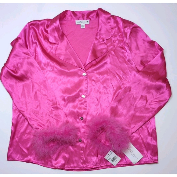 Women's Pink Satin PJ set With Fluff Fuzzy Sleeves Size Large - Picture 13 of 16